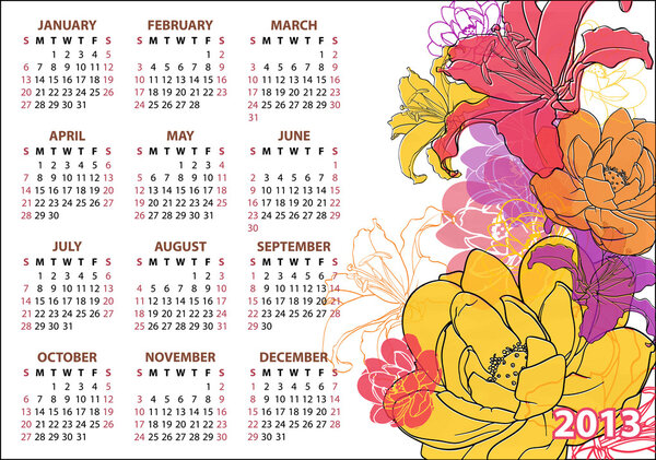 2013. Calendar with illustration of flowers