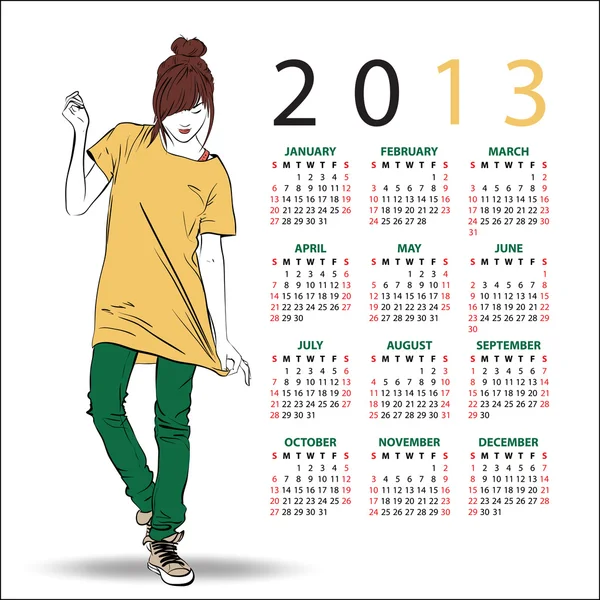 2013. Calendário com menina da moda . — Vetor de Stock