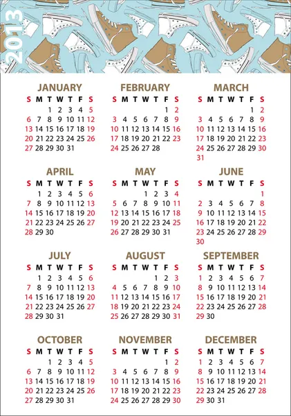 2013. Calendar with footwear — Stock Vector
