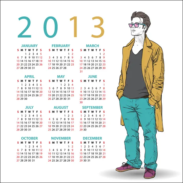 2013. Calendar with stylish dude — Stock Vector