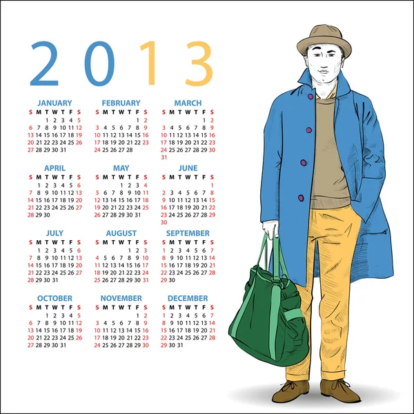 2013 год. Календарь со стильным парнем — стоковый вектор