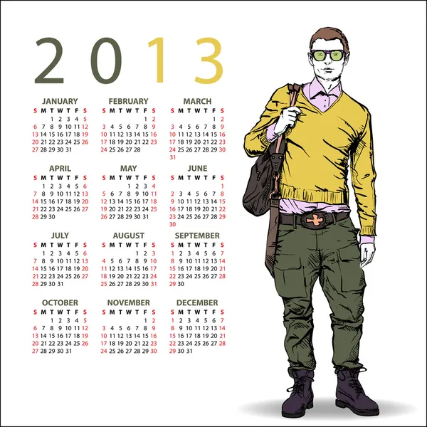 2013. Calendar with stylish dude — Stock Vector