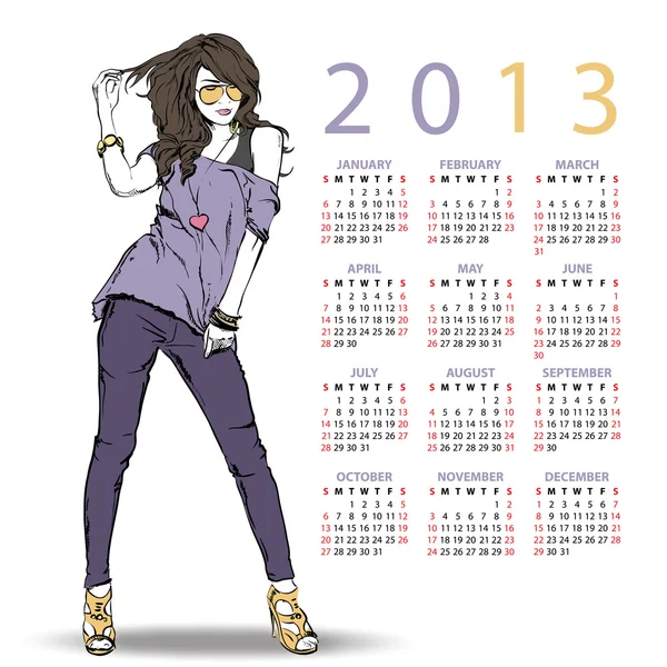 2013. Calendrier avec fille de la mode — Image vectorielle