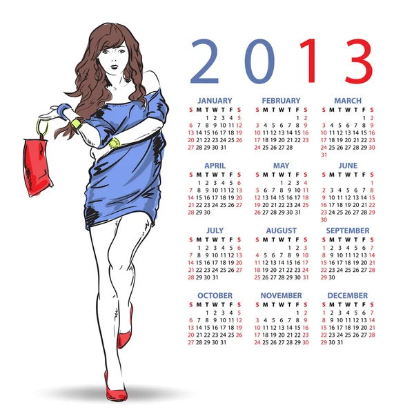 2013입니다. 패션 소녀와 달력 — 스톡 벡터