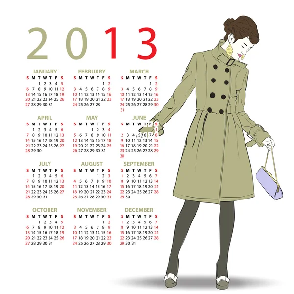 2013. Calendário com menina da moda — Vetor de Stock