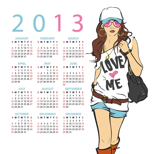 2013. Calendário com menina da moda — Vetor de Stock