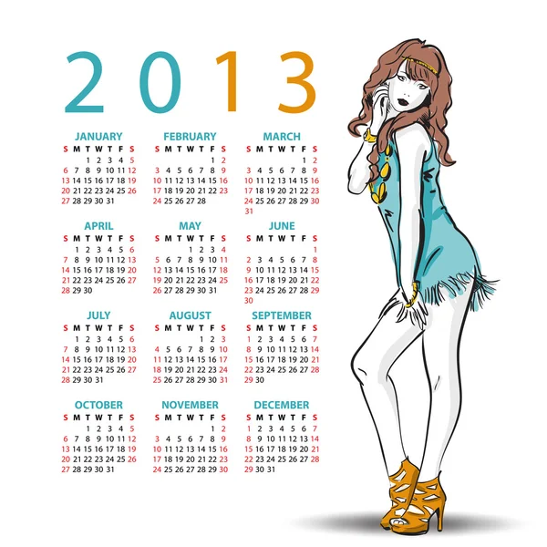 2013. Calendário com menina da moda — Vetor de Stock