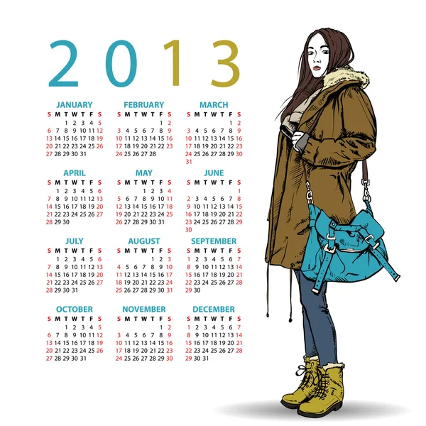 2013. Calendar with fashion girl. — Stock Vector