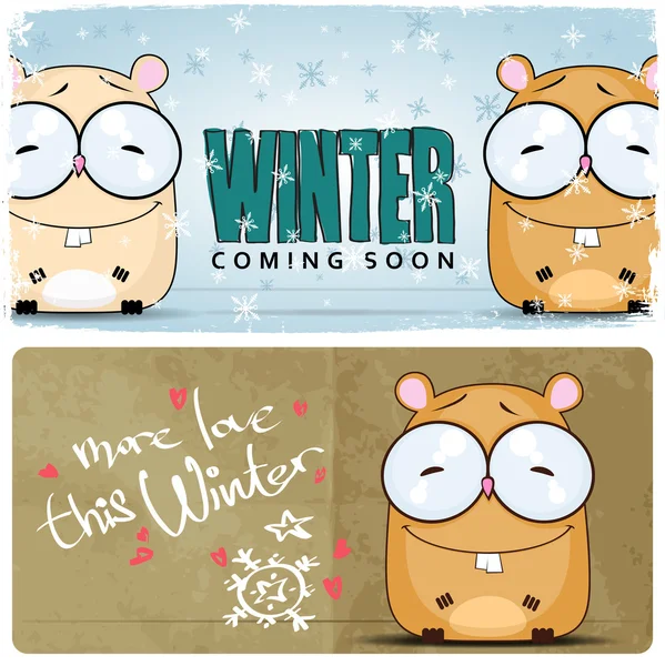 Winter vector kaart met grappige cartoon hamster en tekst. — Stockvector