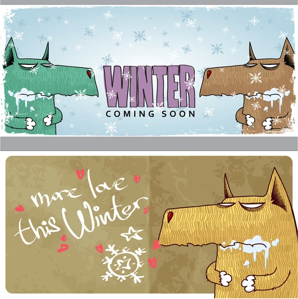 Tarjeta vectorial de invierno con lobo divertido y texto . — Archivo Imágenes Vectoriales