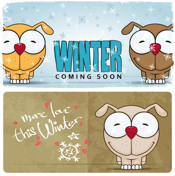 Tarjeta vectorial de invierno con divertido perro de dibujos animados y texto . — Vector de stock