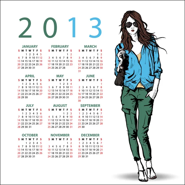 2013. Calendar with fashion girl. — Stock Vector