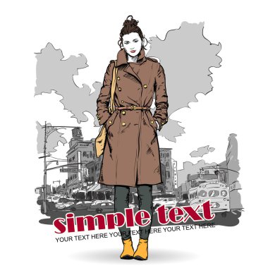 tatlı moda kız sokak arka plan üzerinde. vektör çizim