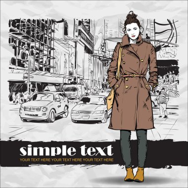 tatlı moda kız sokak arka plan üzerinde. vektör çizim