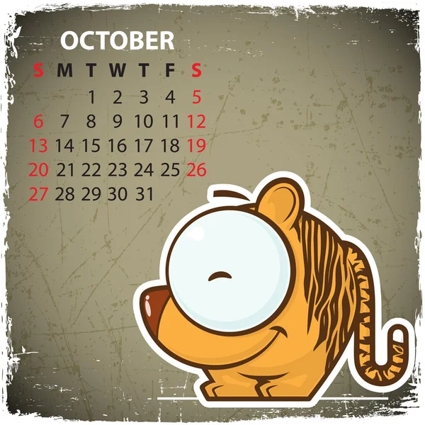 Octubre. 2013 calendario con tigre de dibujos animados . — Vector de stock