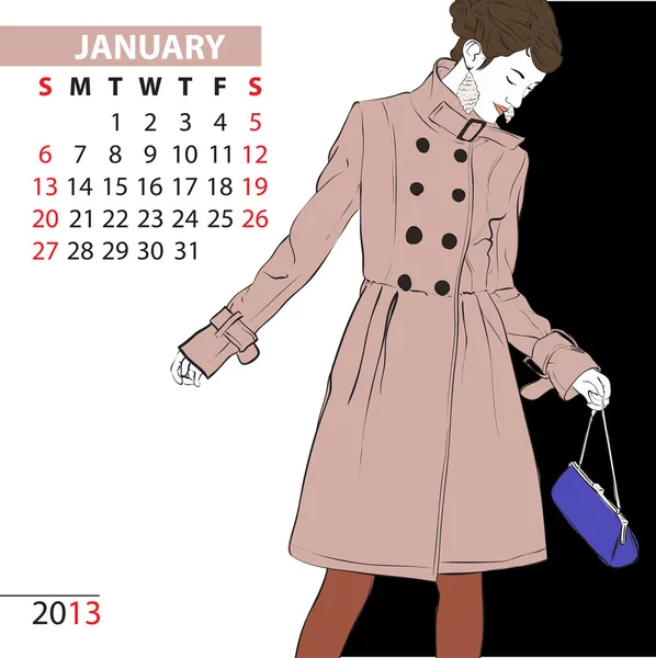 January. 2013 calendar with fashion girl. — Stock Vector