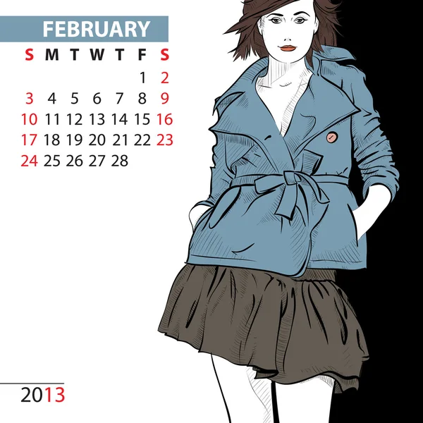 Febrero. 2013 calendario con chica de moda . — Vector de stock