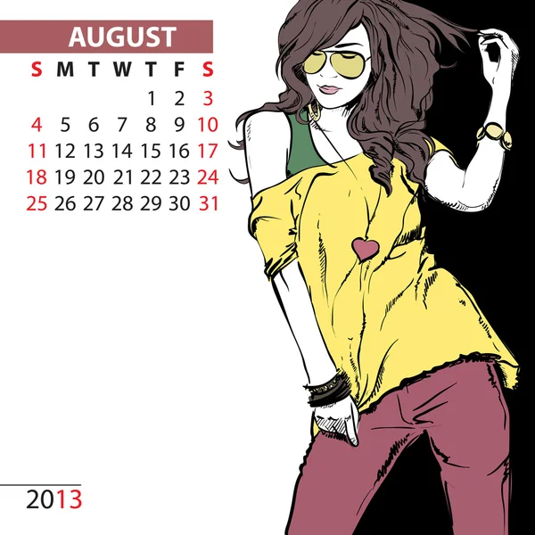 Agosto. 2013 calendario con chica de moda . — Vector de stock