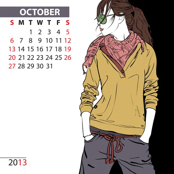 Oktober. 2013 kalender met mode meisje. — Stockvector