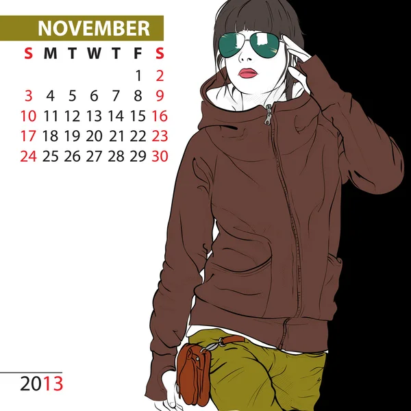 November. 2013 calendar with fashion girl. — Stock Vector