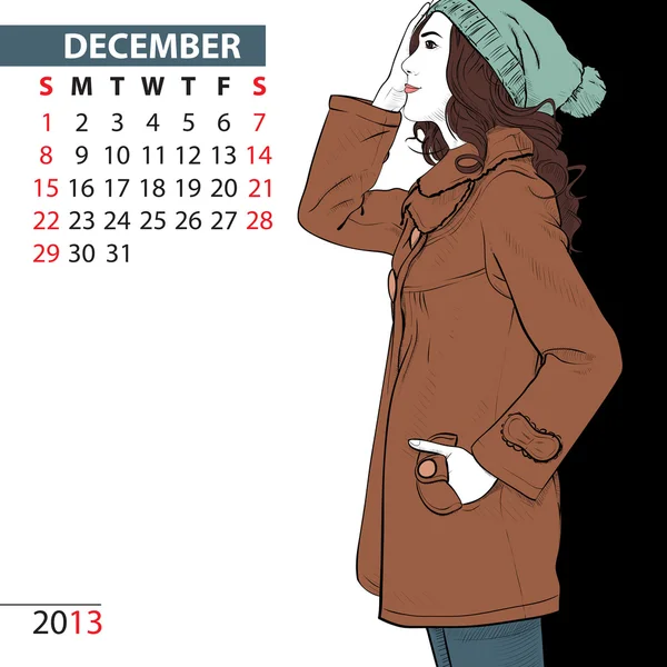 December. 2013 kalender met mode meisje. — Stockvector