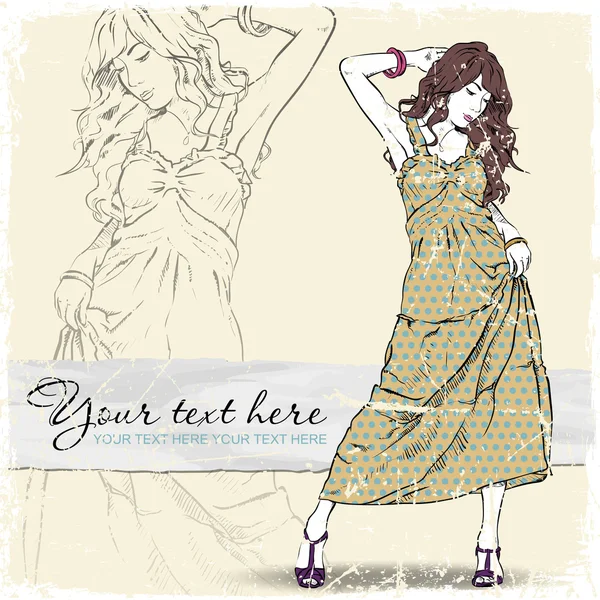 Vintage scratched background with sweet fashion girl. — Stock Vector