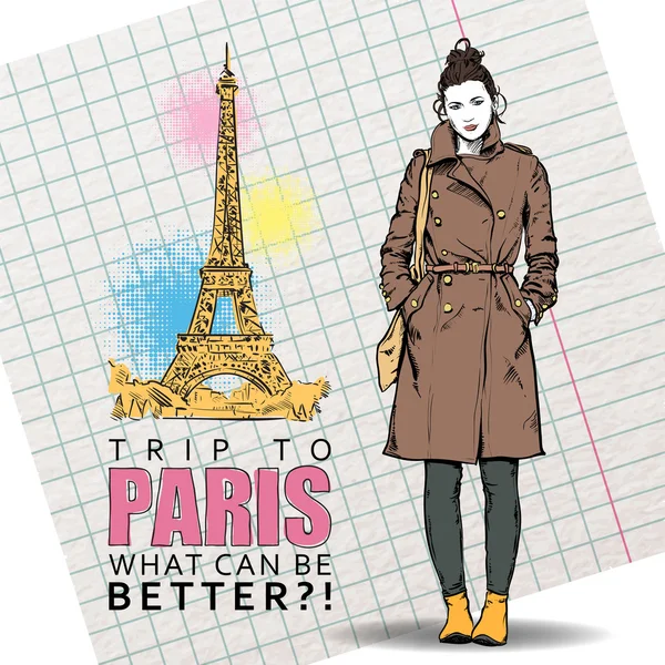 Bella ragazza invernale in stile schizzo su uno sfondo torre eiffel. Illustrazione vettoriale — Vettoriale Stock