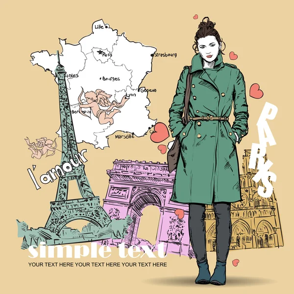 可爱冬季女孩在法国背景上的素描样式。矢量插画 — 图库矢量图片