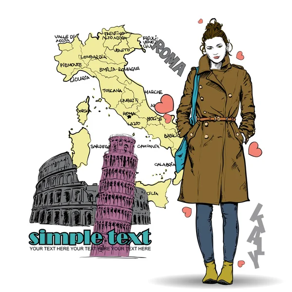 Schönes Wintermädchen im Sketch-Stil auf italienischem Hintergrund. Vektorillustration — Stockvektor