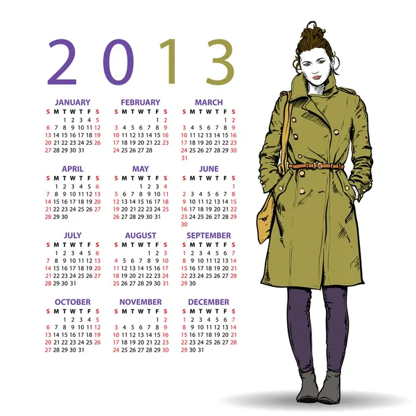 2013. Calendário com menina da moda . — Vetor de Stock