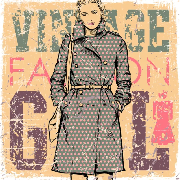 Ung flicka i skiss-stil på grunge bakgrund. vektor illustration — Stock vektor