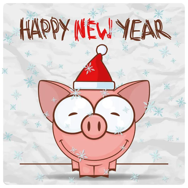 Greeting christmas card with funny piggy character. Vector illustration — Stock Vector