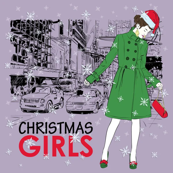 Prachtige Kerstmis meisje op een straat achtergrond. vectorillustratie — Stockvector
