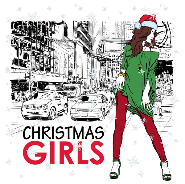 Prachtige Kerstmis meisje op een straat achtergrond. vectorillustratie — Stockvector