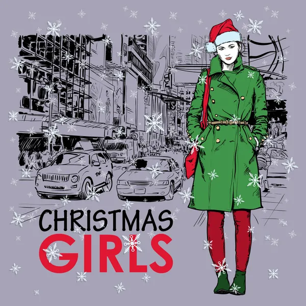 Härlig jul flicka på gatan bakgrund. vektor illustration — Stock vektor