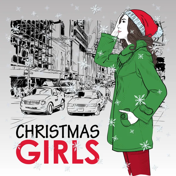 Preciosa chica de Navidad en un fondo de calle. Ilustración vectorial — Vector de stock
