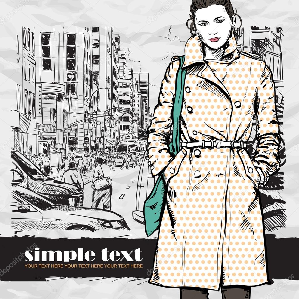 Sweet fashion girl on a street background. Vector illustration