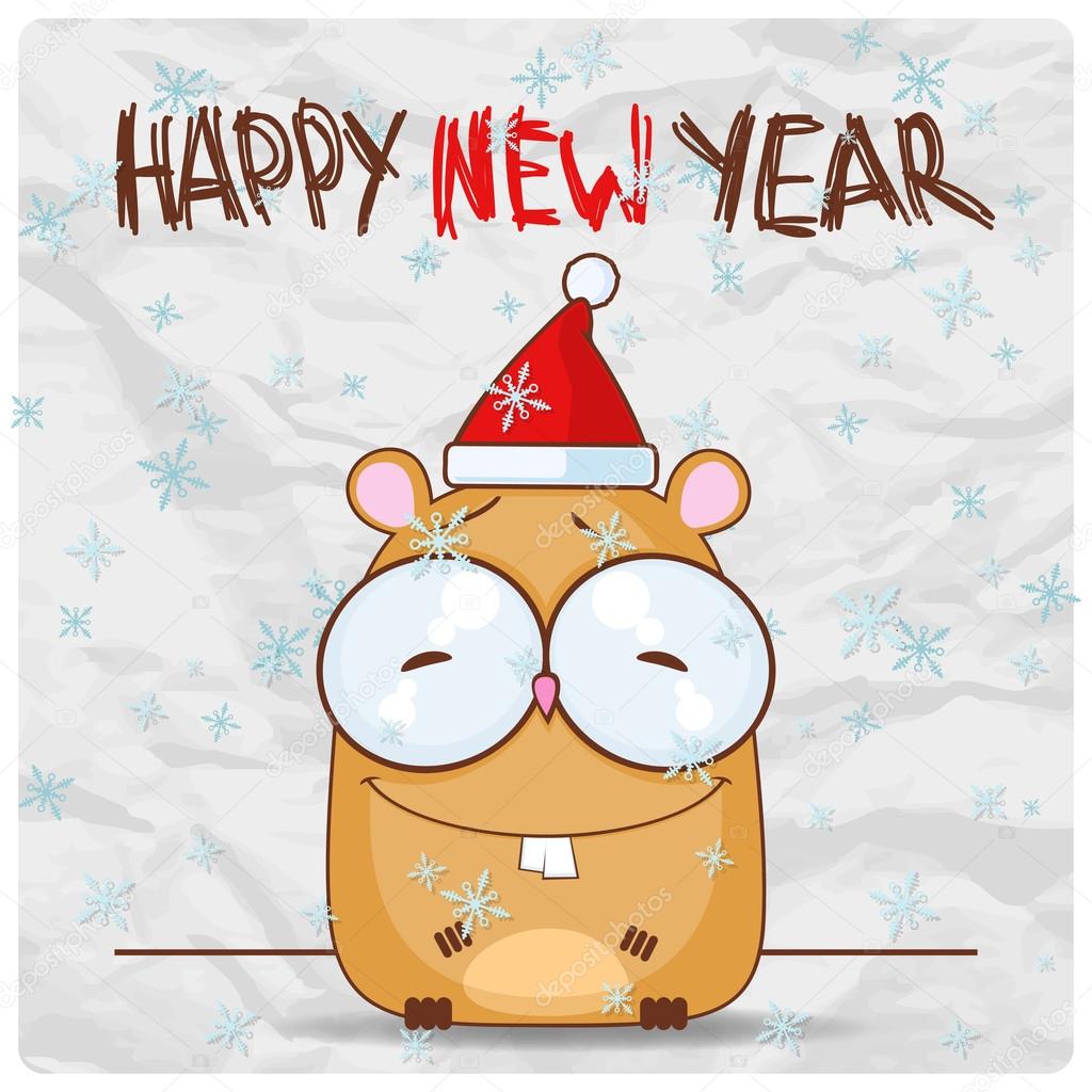 Greeting christmas card with funny hamster character. Vector illustration