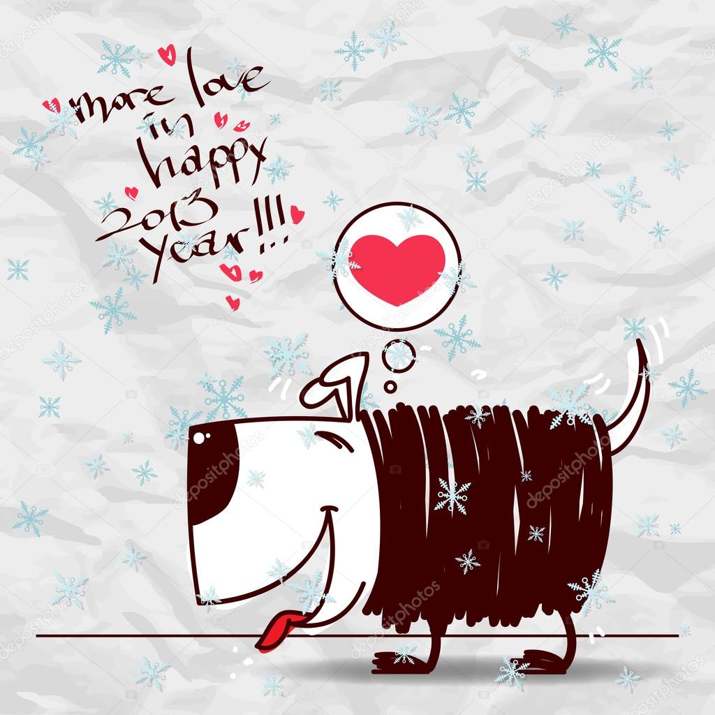 Greeting christmas card with funny doggy character. Vector illustration
