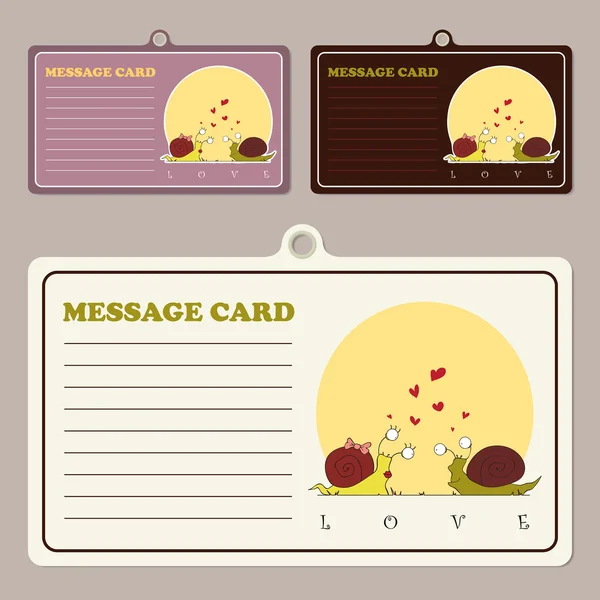 Conjunto de tarjetas de mensaje vectorial con caracol de dibujos animados carácter — Archivo Imágenes Vectoriales