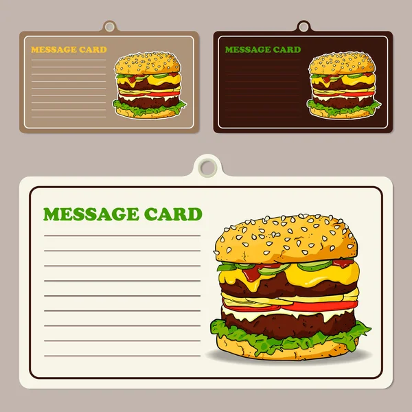Set of vector message cards with cartoon burger. — Stock Vector