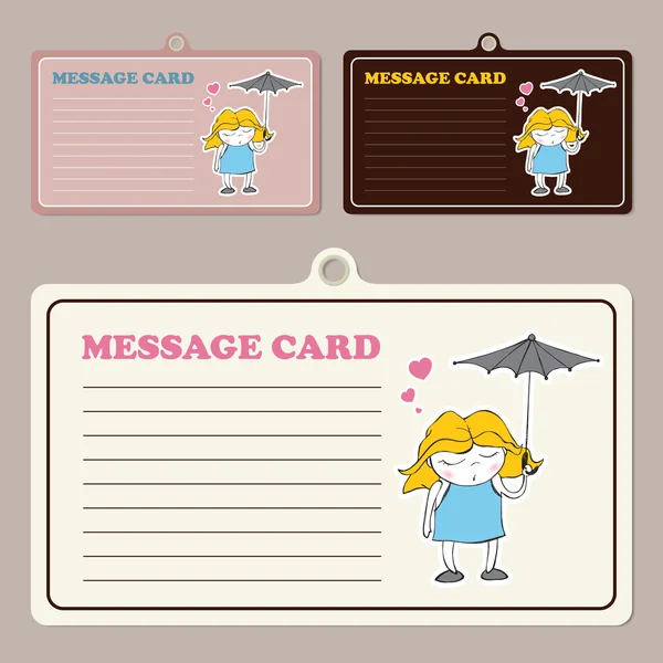Set di carte messaggio vettoriale con personaggio ragazza dormiente cartone animato . — Vettoriale Stock