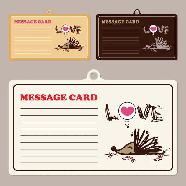 Conjunto de tarjetas de mensaje vectorial con personaje de erizo de dibujos animados . — Vector de stock