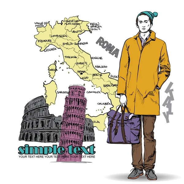 Junger stylischer Kerl mit italienischem Hintergrund. Vektorillustration. — Stockvektor
