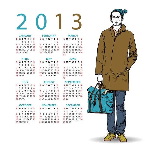 2013. Calendario con tizio alla moda . — Vettoriale Stock