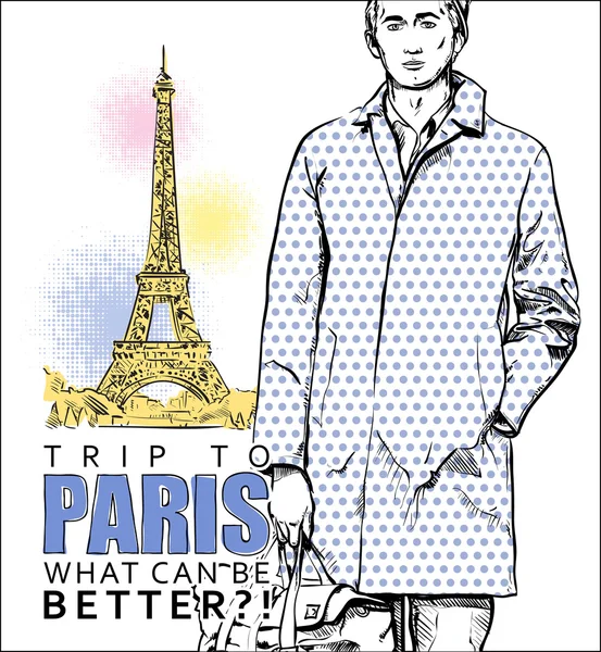 Stylish guy on a eiffel tower background. Vector illustration — Stock Vector