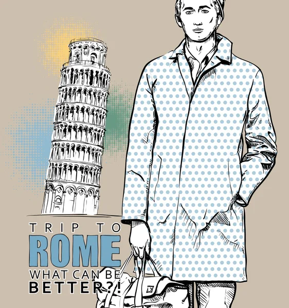 Jeune homme élégant sur un fond italien. Illustration vectorielle . — Image vectorielle