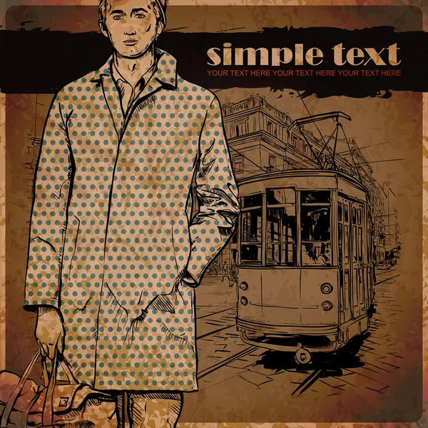 Ilustración vectorial de un hombre con estilo y tranvía viejo . — Vector de stock
