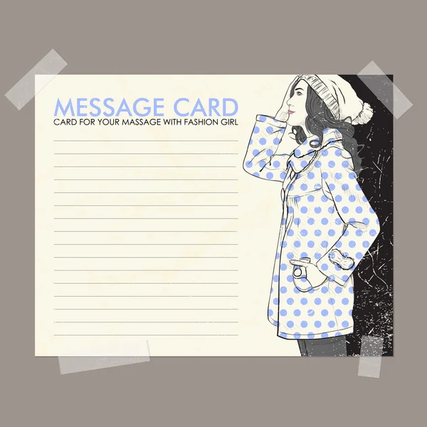Cartão de mensagem com menina da moda fixo com fita adesiva. Ilustração vetorial . —  Vetores de Stock