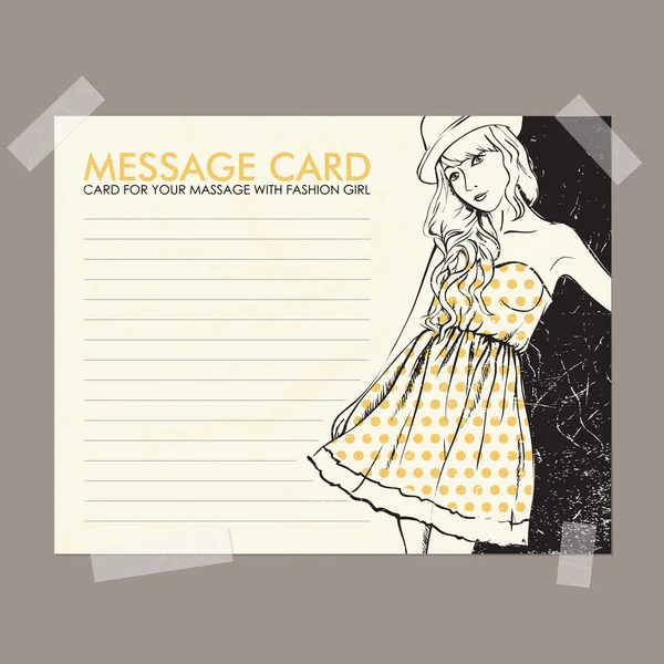 Besked kort med mode pige fast med klæbrig tape. Vektorillustration . – Stock-vektor